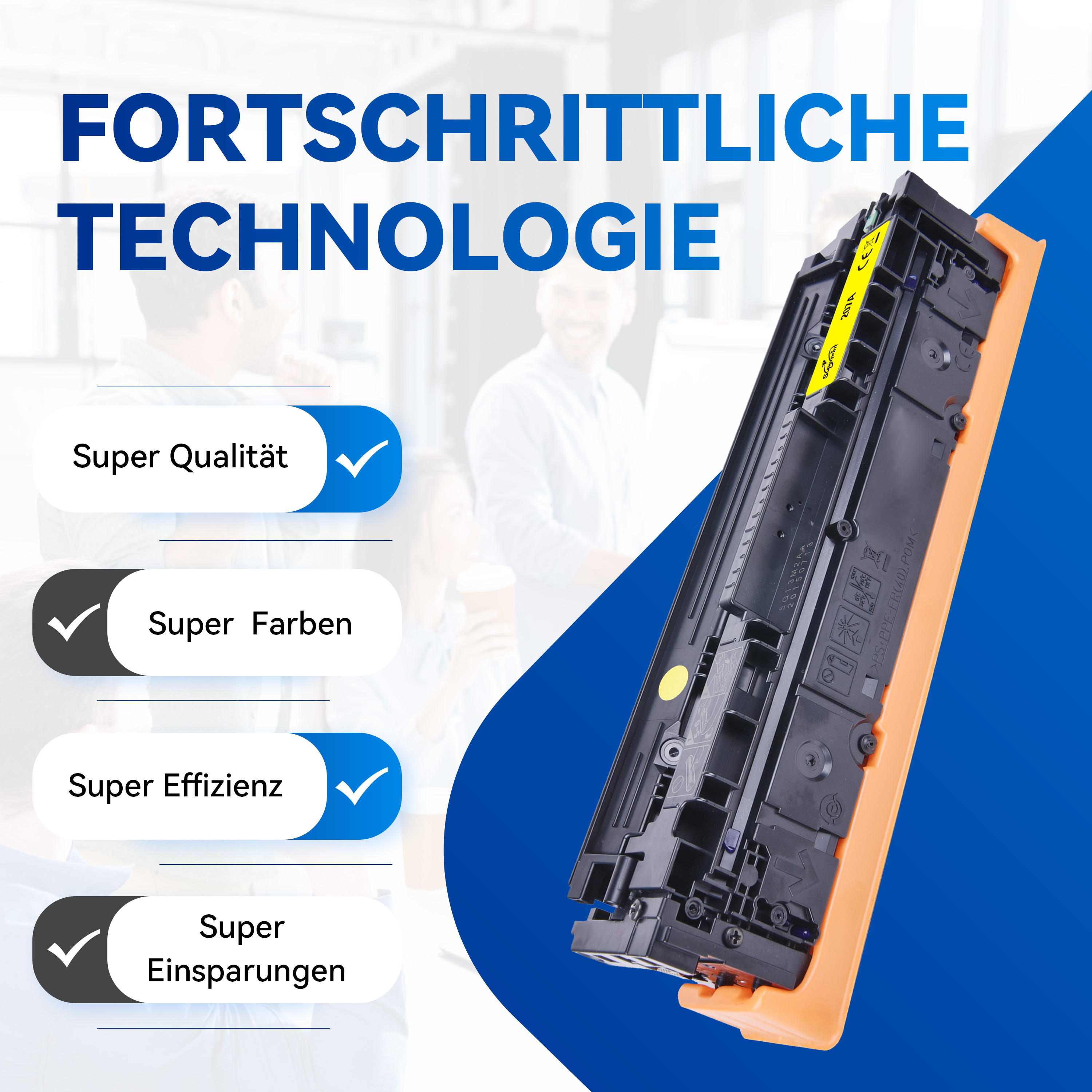 Een close-up van een gele en zwarte inktcartridge met tekstvakken. Tekst: Superkwaliteit, Superkleuren, Superefficiëntie, Superbesparingen.