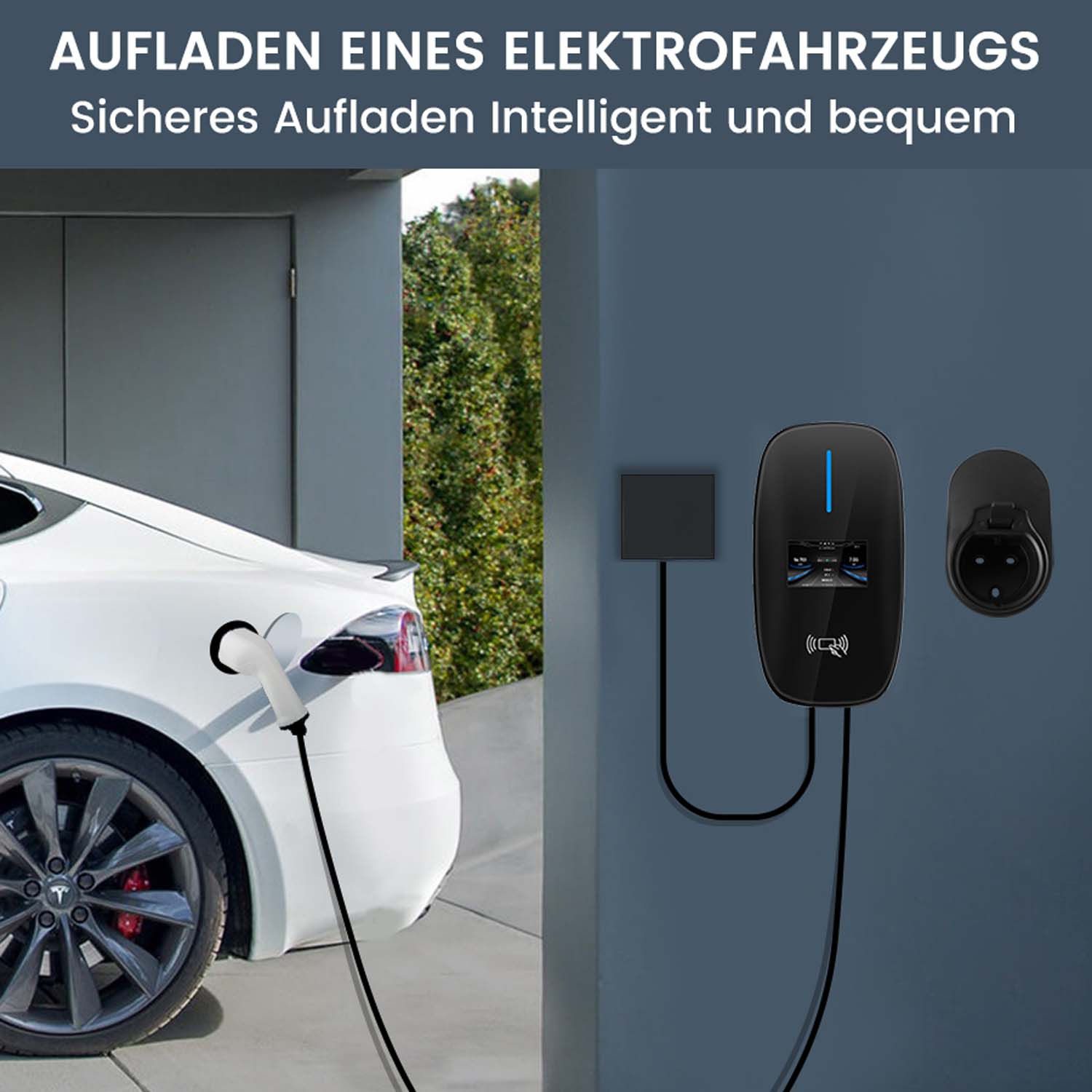 Weißes Auto lädt. Ladestation an blauer Wand. Text oben zeigt das Aufladen eines Elektrofahrzeugs an.