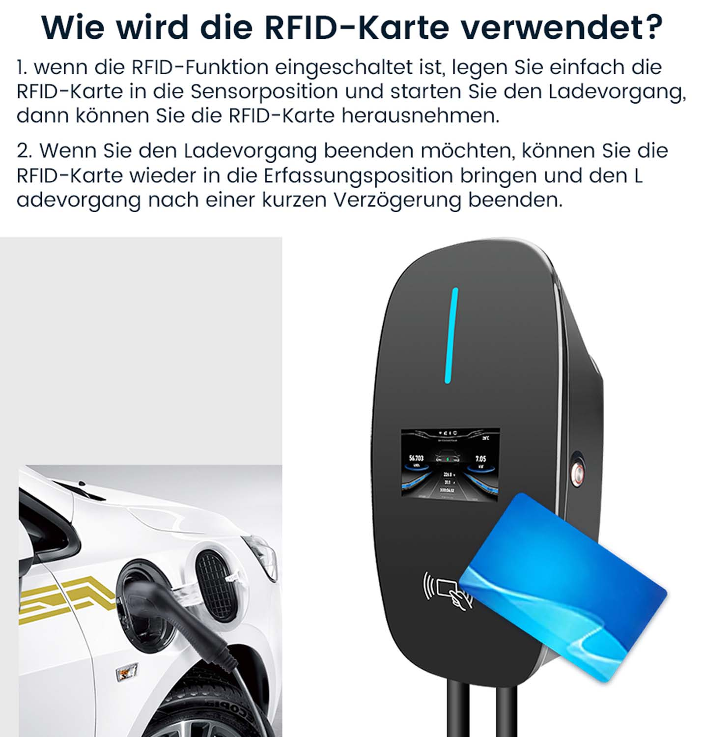 Bild zur Verwendung der RFID-Karte, mit einem Auto und einer Ladestation.
