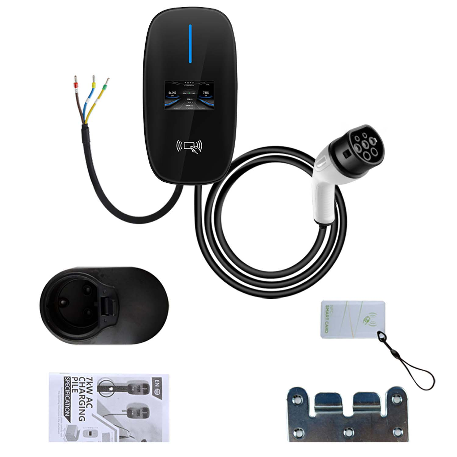 Komponenten der Ladestation: Ladegerät, Kabel, Stecker und Smartcard. Ein Datenblatt wird gezeigt.