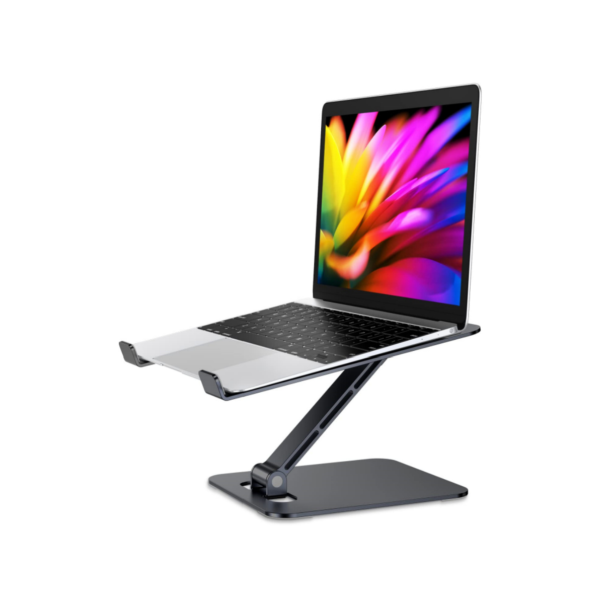 Ein Laptop auf einem silbernen Ständer. Der Bildschirm zeigt ein farbenfrohes Bild, und der Ständer ist schwarz.