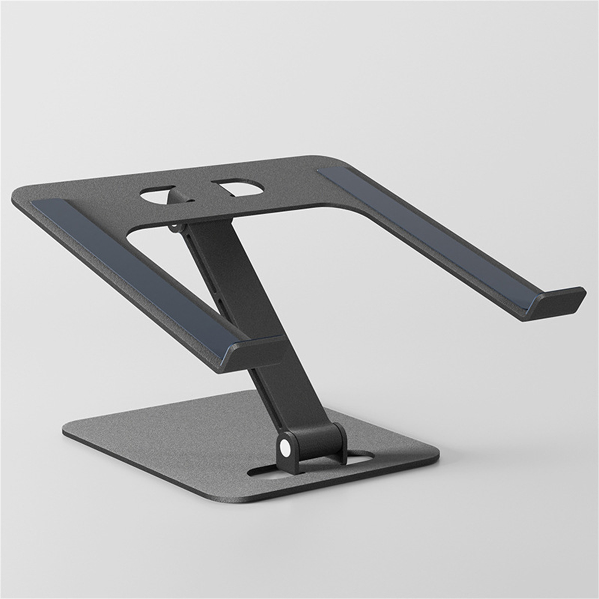 Grauer Laptopständer aus Metall. Faltbares, verstellbares Design. Steht auf weißer Oberfläche.