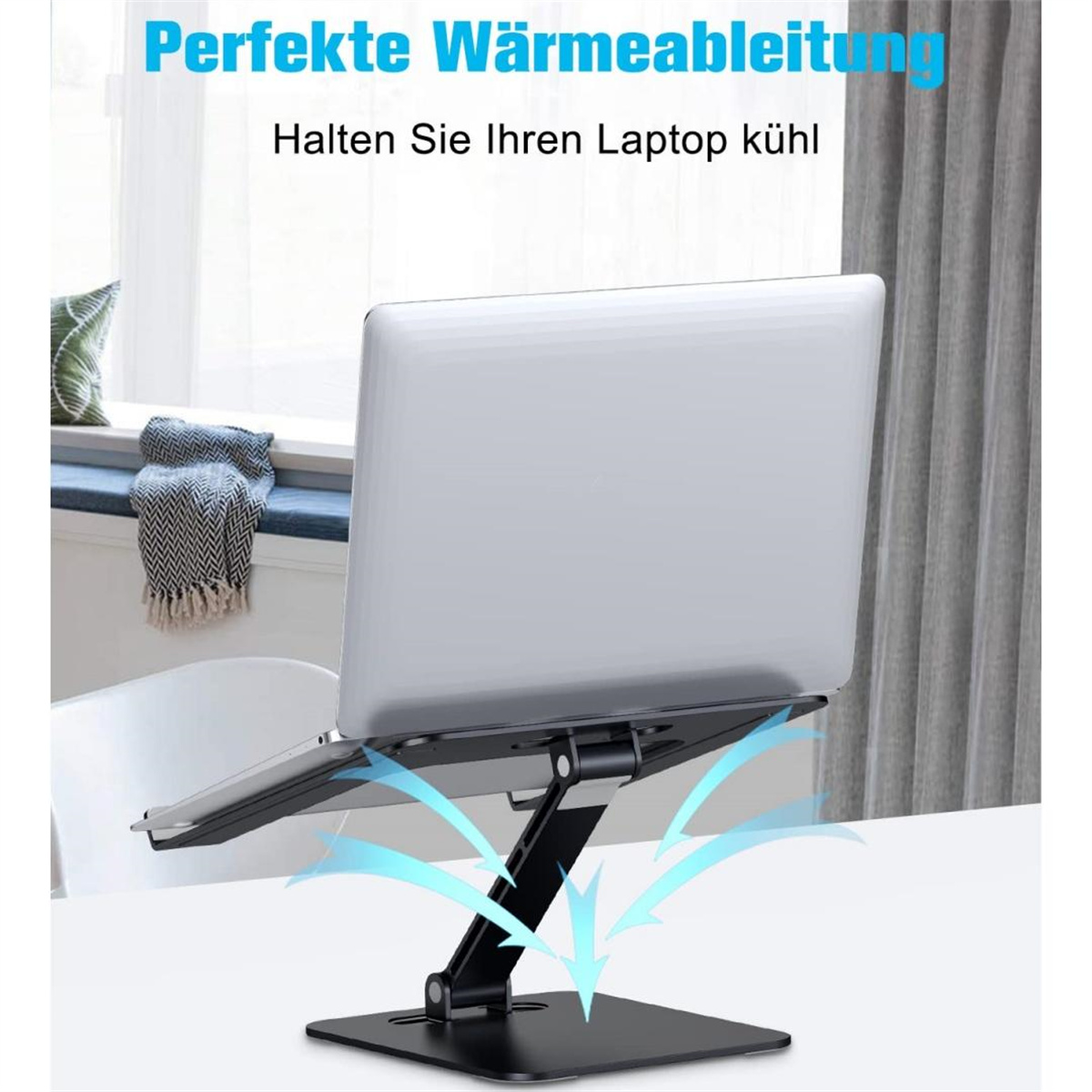 Ein Laptop auf einem schwarzen Ständer. Pfeile zeigen den Luftstrom an. Der Text lautet: „Halten Sie Ihren Laptop kühl“.