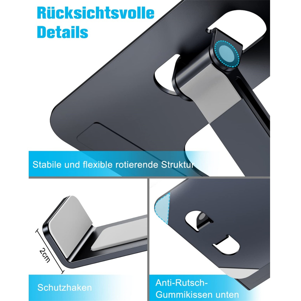 Schwarzer Tablet-Ständer, faltbar. Er hat einen 2 cm Schutzhaken und Anti-Rutsch-Pads. Die Struktur dreht sich.
