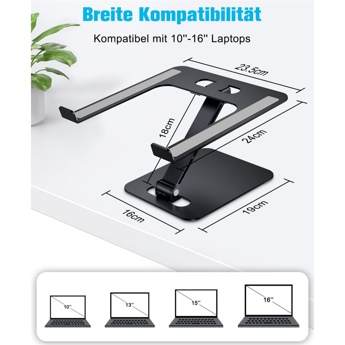 Schwarzer Laptopständer mit Maßen und einem Diagramm, das kompatible Laptopgrößen zeigt.