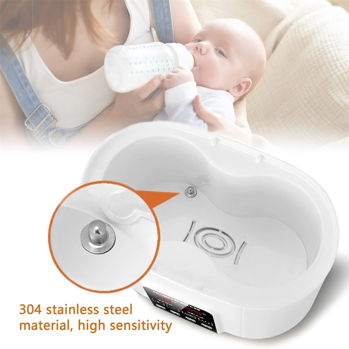Ein Babyflaschenwärmer. Im Hintergrund wird ein Baby gefüttert. Eine Nahaufnahme des Ablassanschlusses des Wärmers wird gezeigt.