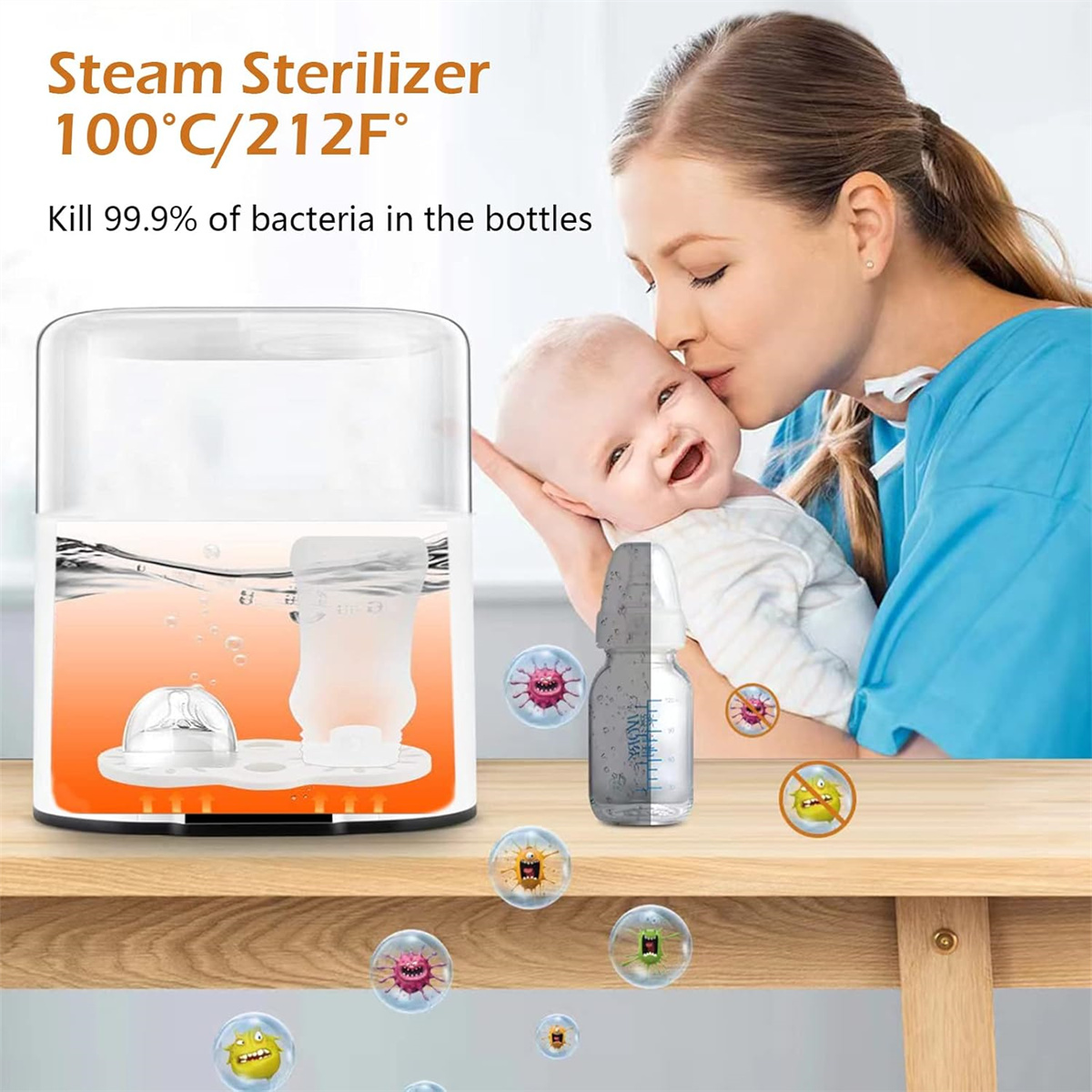 Frau küsst Baby. Dampfsterilisator daneben. Text: tötet 99,9 % der Bakterien in Flaschen.