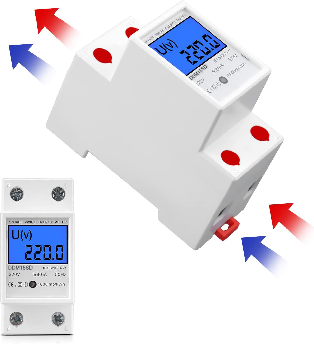 Zwei Energiezähler. Einer ist weiß mit digitaler Anzeige von 220V. Pfeile zeigen den Energiefluss an.