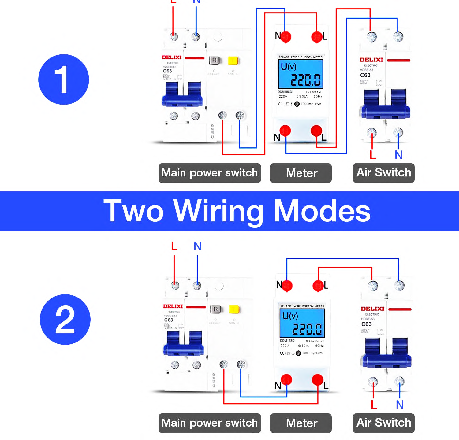 Diagramm, das zwei Verdrahtungsmodi für Elektrogeräte zeigt. Die Diagramme zeigen Schalter und Zähler.