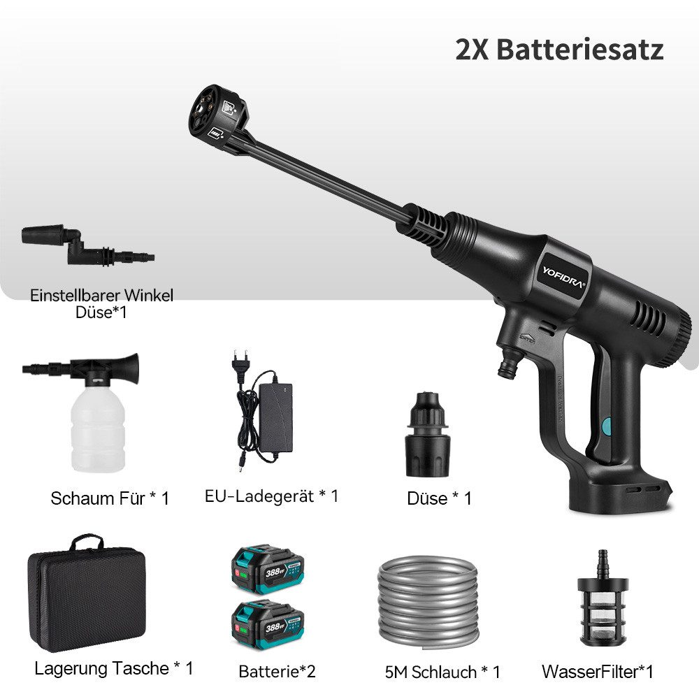Ein schwarzer und grauer Hochdruckreiniger mit Zubehör, einschließlich Batterien, Ladegerät und Sprühdüsen.