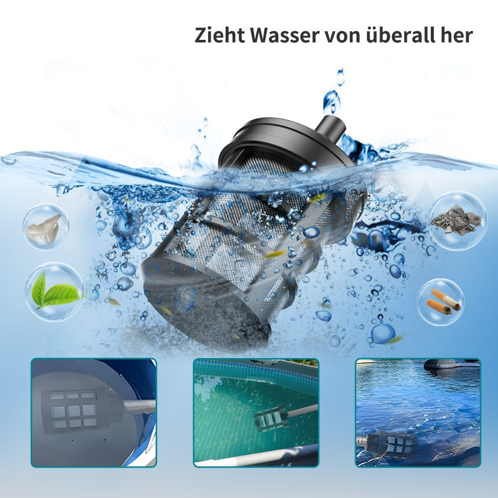 Filterreinigungsgerät im Wasser, umgeben von Ablagerungen wie Blättern und Kies, mit Anwendungsbeispielen.