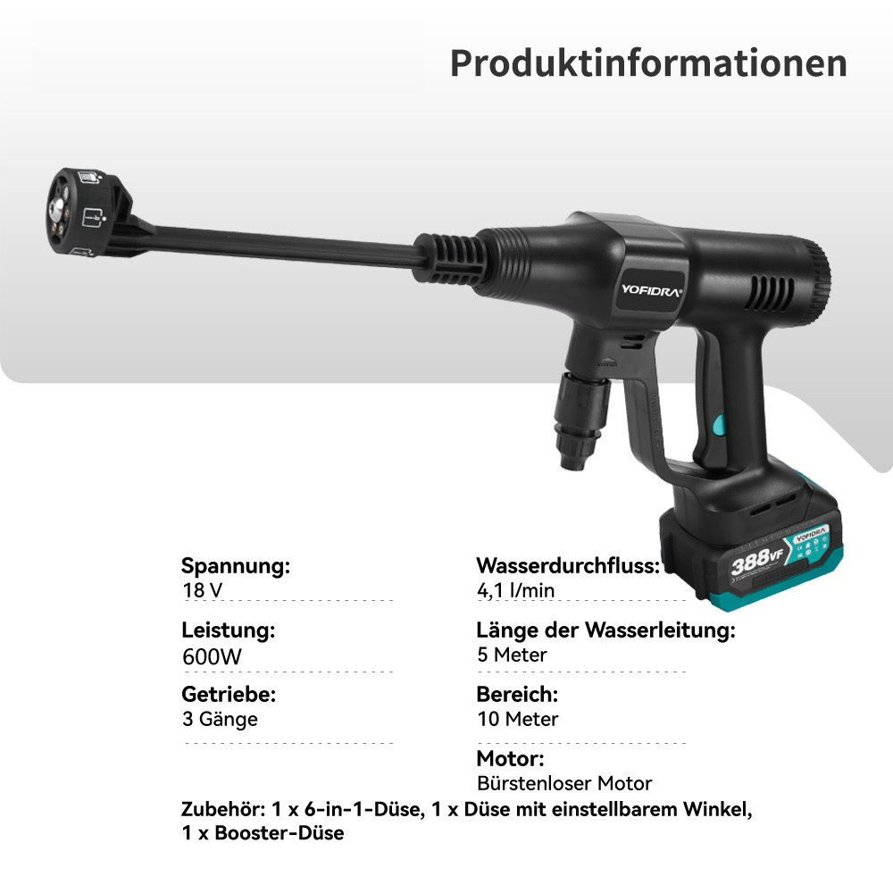 Ein schwarzer Hochdruckreiniger mit Details zu Spannung, Durchfluss, Leistung und Motortyp. Details sind auf Deutsch.