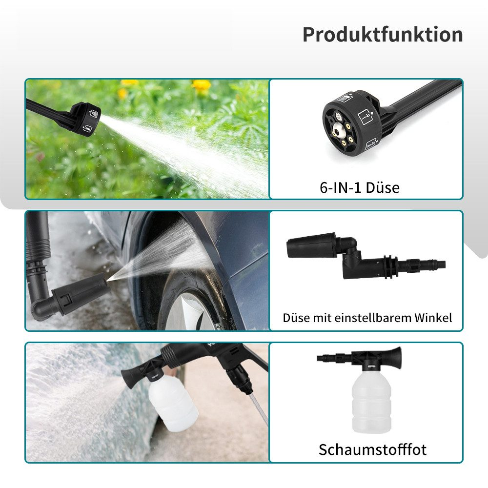 Verschiedene Aufsätze eines Hochdruckreinigers, darunter eine Düse, ein verstellbarer Winkel und ein Schaumtopf.
