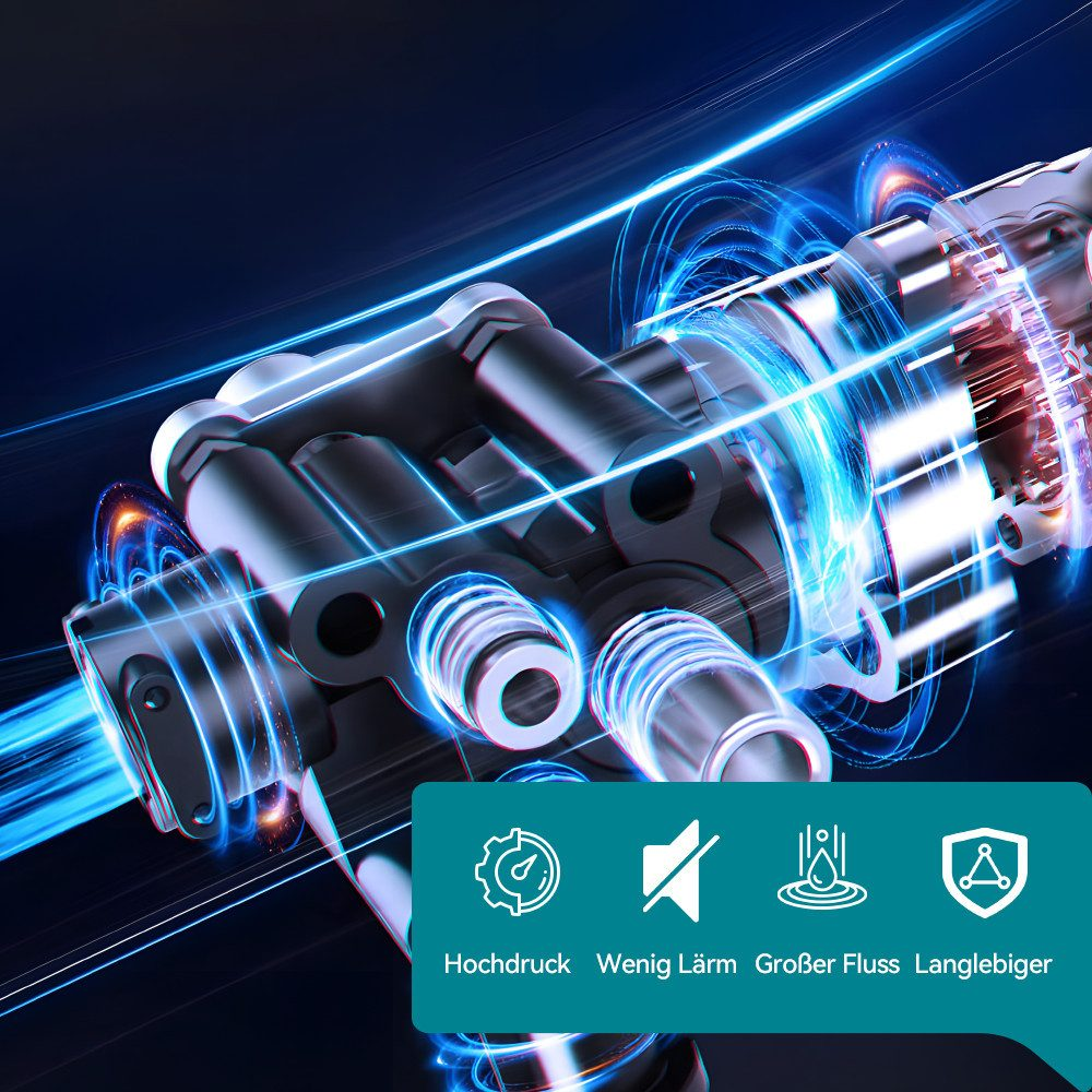 Nahaufnahme eines metallischen, schwarzen Werkzeugs mit komplexem Innenleben, blau hervorgehoben.