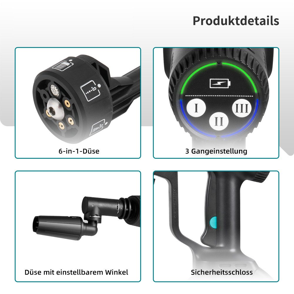 Details eines schwarzen Werkzeugs mit mehreren Aufsätzen, die verschiedene Einstellungen und Funktionen zeigen.