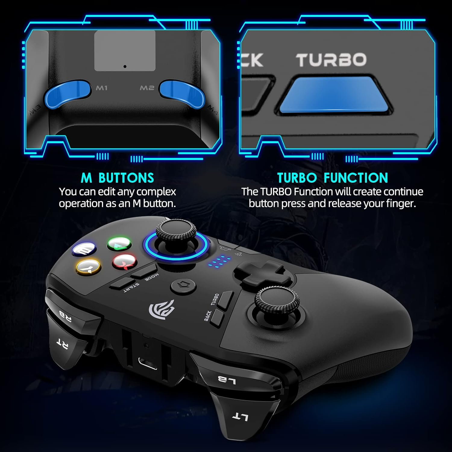 Schwarzes Gamepad mit blauen Tasten und Beschriftungen, zeigt M-Tasten und Turbo-Funktionsdetails.
