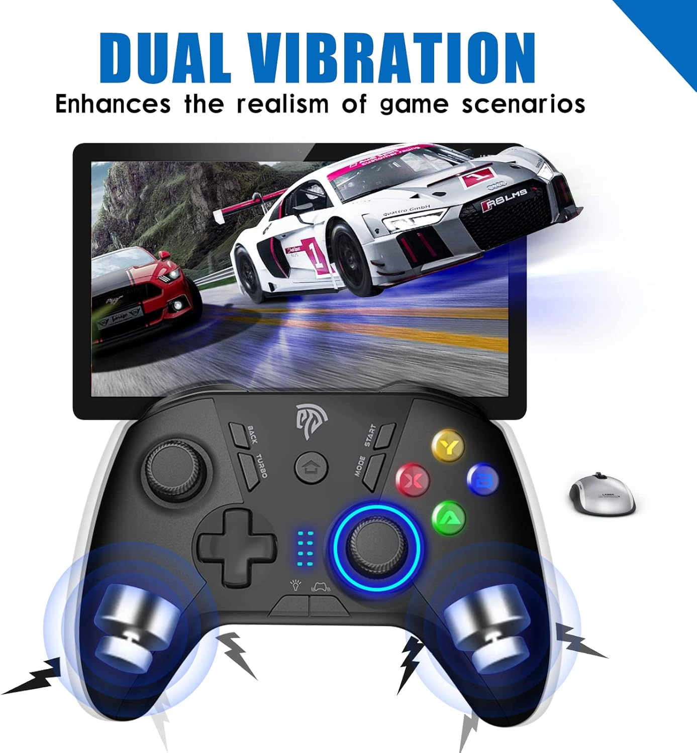 Ein schwarzer Gamecontroller mit einem Bildschirm mit Rennwagen. Text: 'Dual Vibration'.