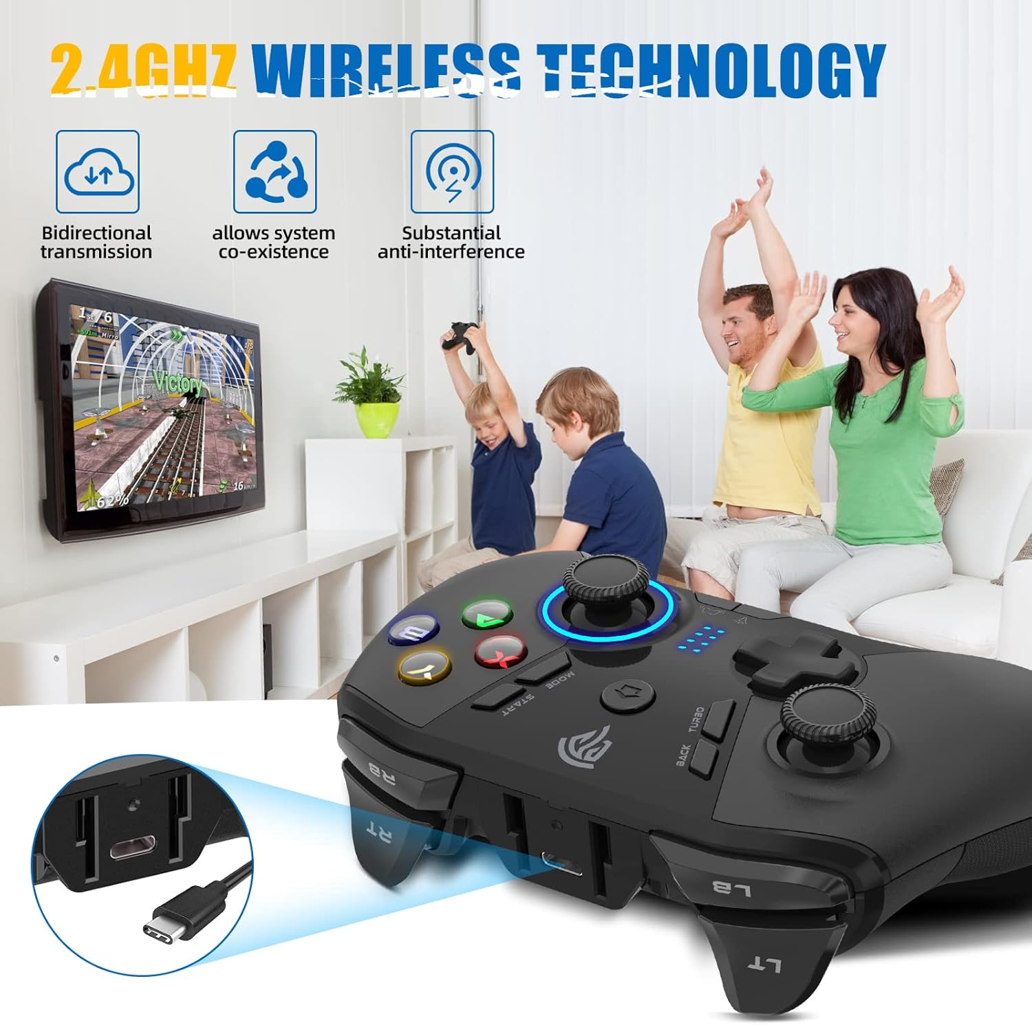 Ein Gamepad und ein Fernseher, der ein Spiel zeigt. Drei Personen spielen mit dem Gamepad.