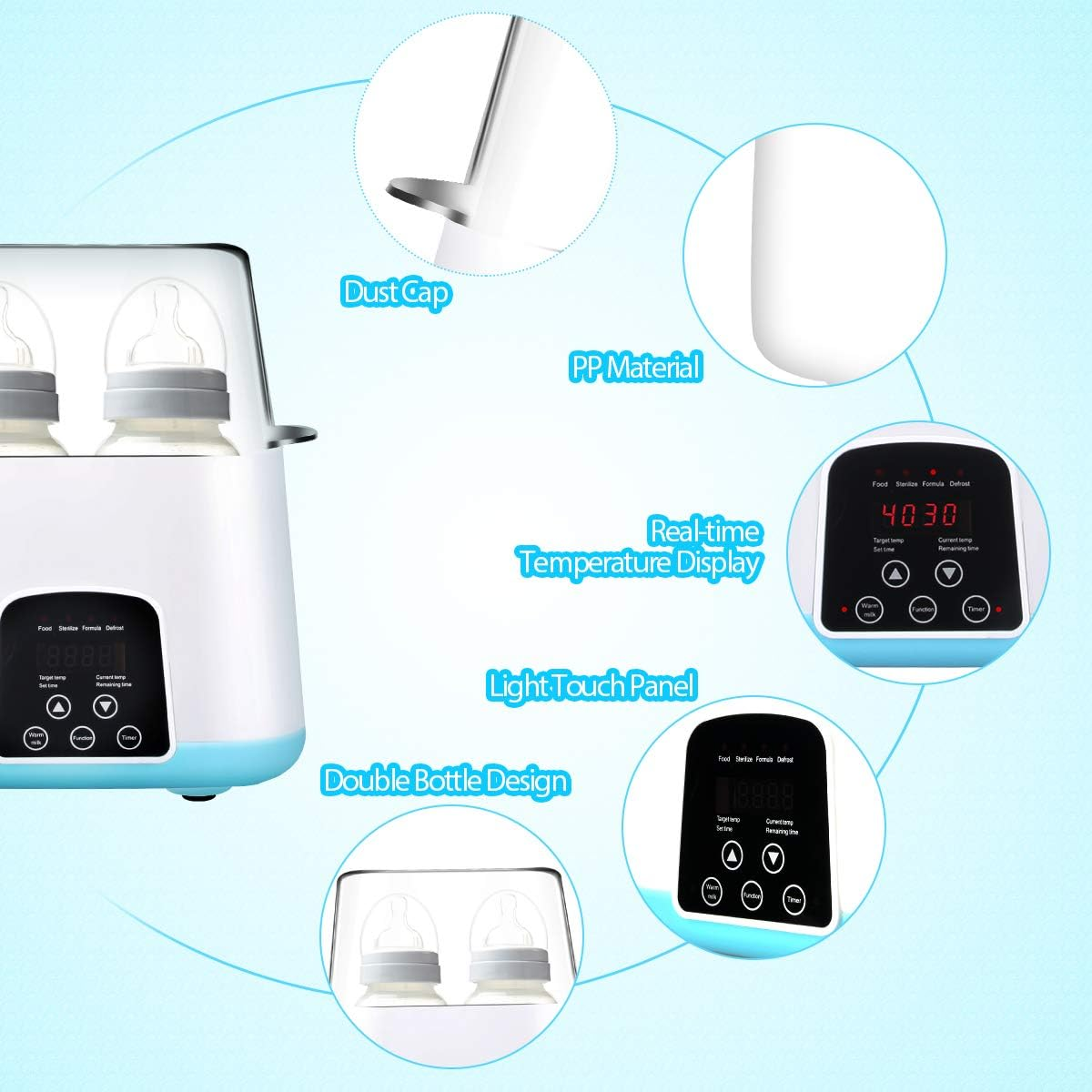 Babyflaschensterilisator mit Flaschen und detaillierter Anzeige von Temperatur und Einstellungen.
