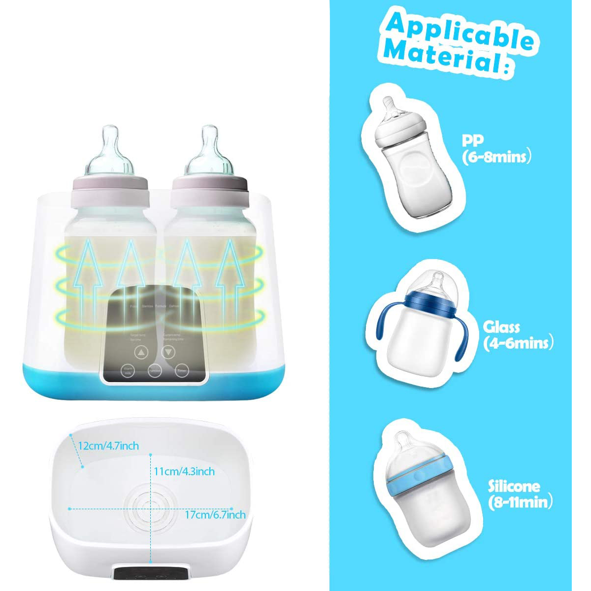 Ein Babyflaschenwärmer mit Flaschen und verschiedenen Flaschentypen daneben.