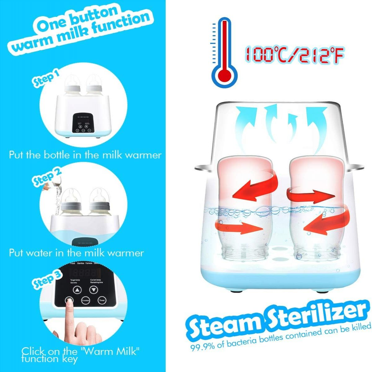Diagramm eines Babyflaschen-Dampfsterilisators, das Schritte und Temperaturregler zeigt.