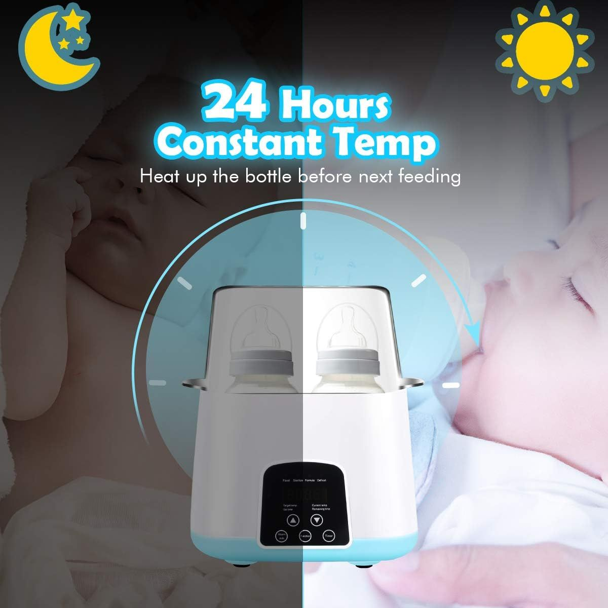 Babyflaschenwärmer mit Flaschen, Tageszeit mit Mond und Sonne.