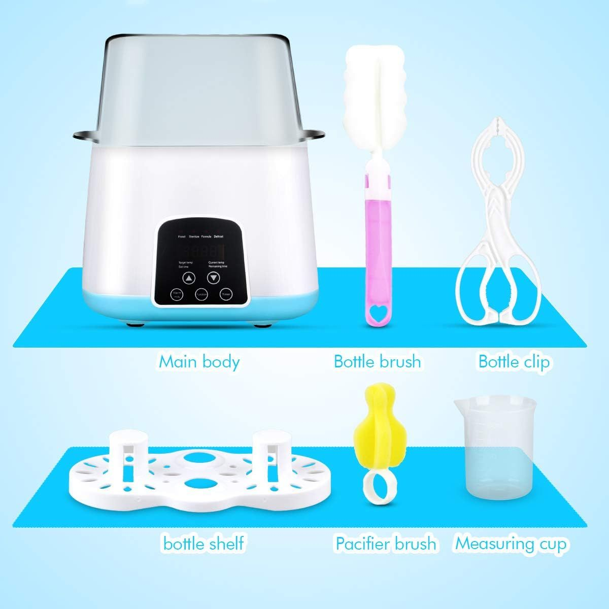 Babyflaschen-Sterilisator-Set mit Komponenten wie Bürste, Clip und Ablage.