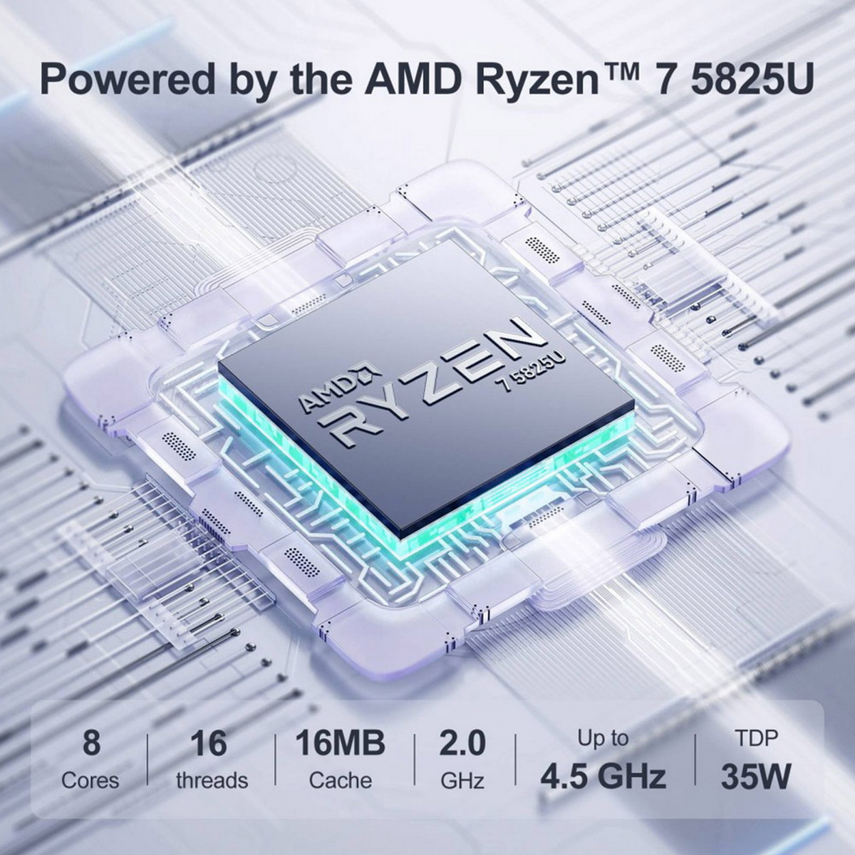 Un chip de procesador con el logotipo y las especificaciones de AMD Ryzen 7 5825U.