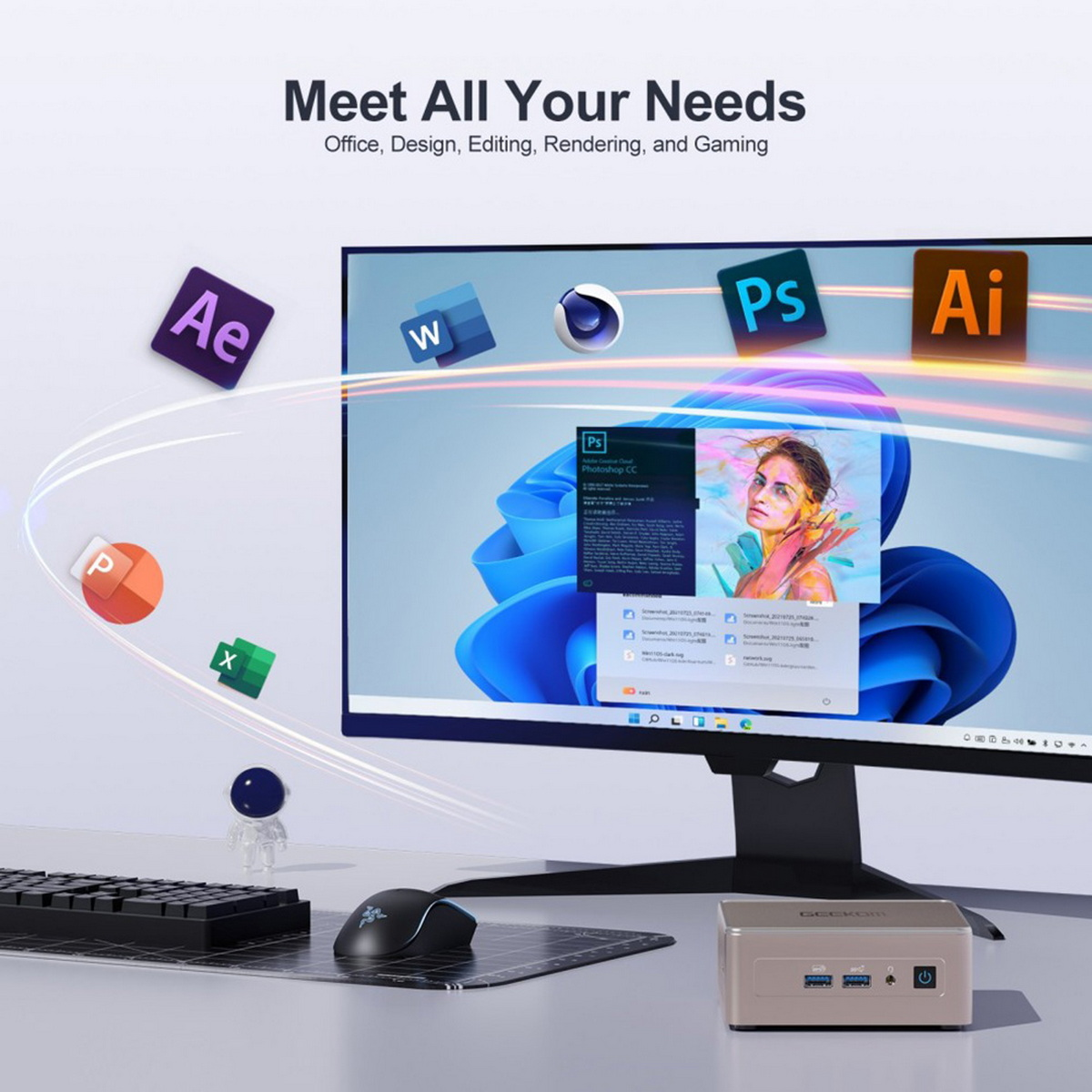 Un monitor de computadora muestra iconos de software. Mini PC, teclado y ratón en el escritorio.