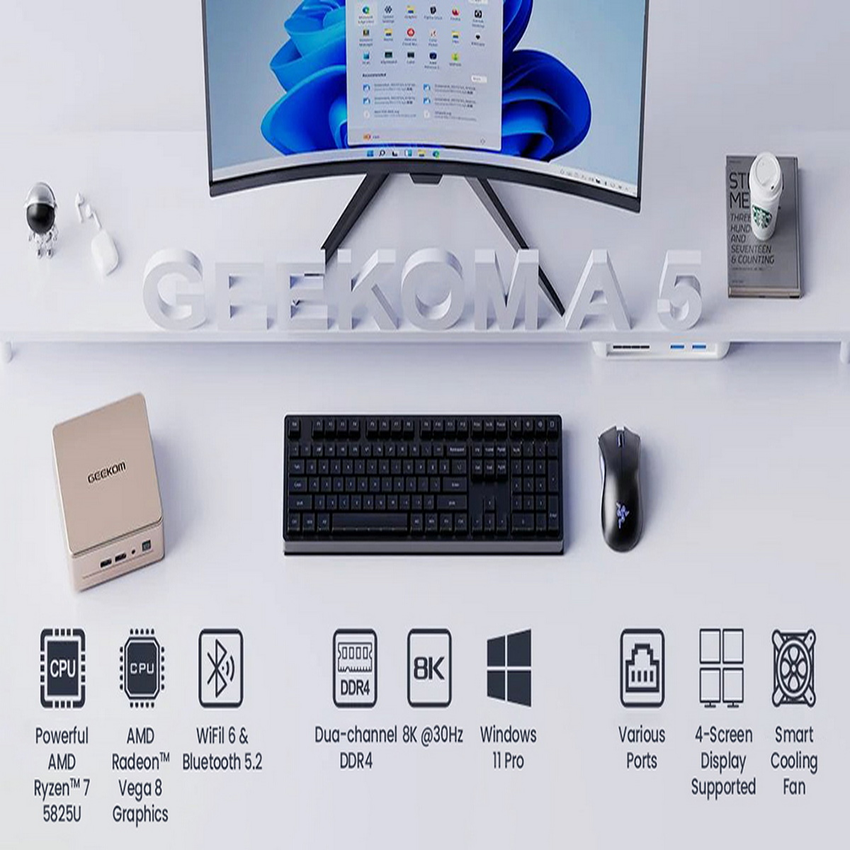 Configuración de escritorio con mini PC, teclado, ratón y monitor. Se muestran varias características y especificaciones.