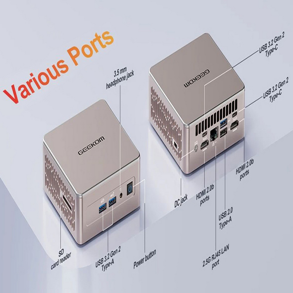 Dos mini PC con varios puertos etiquetados. La etiqueta 'GEEKOM' es visible.