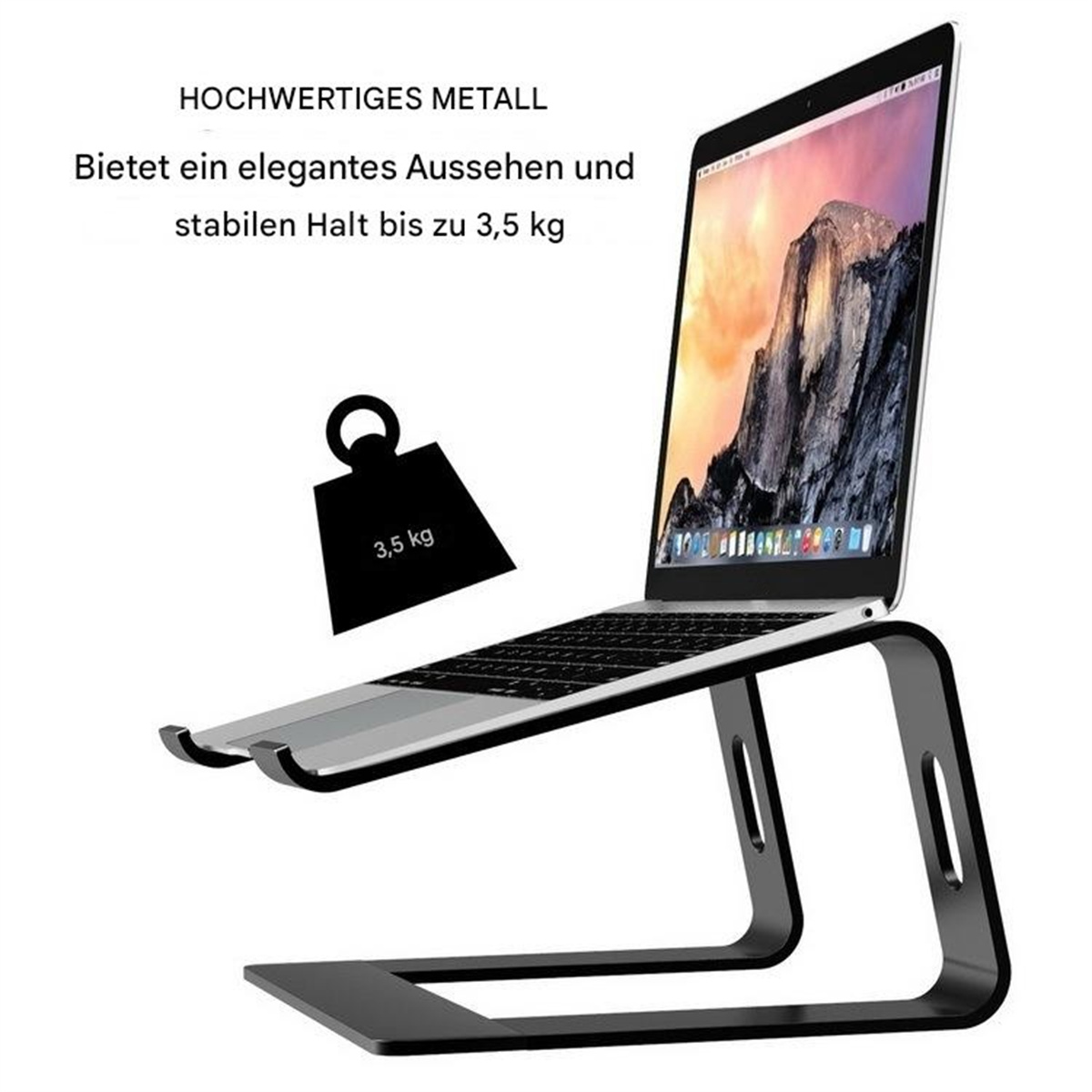 Laptop auf einem schwarzen Ständer. Der Ständer hält den Laptop und eine Gewichtsanzeige von 3,5 kg.