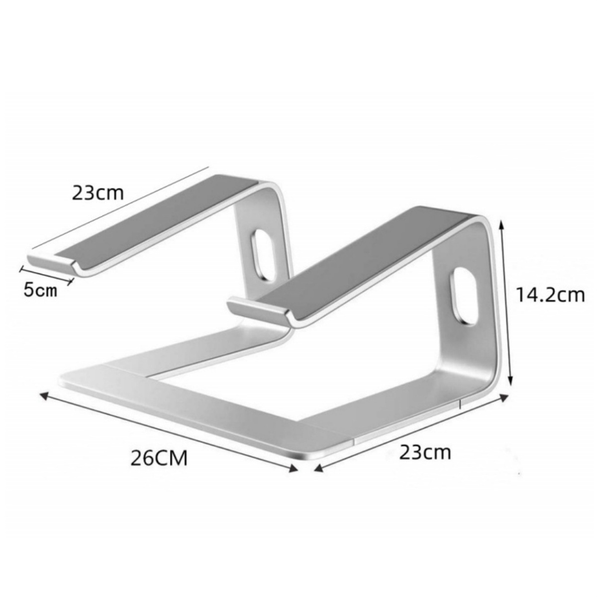 Silberner Laptop-Ständer mit den angegebenen Maßen: 26 cm breit, 23 cm hoch und 14,2 cm tief.