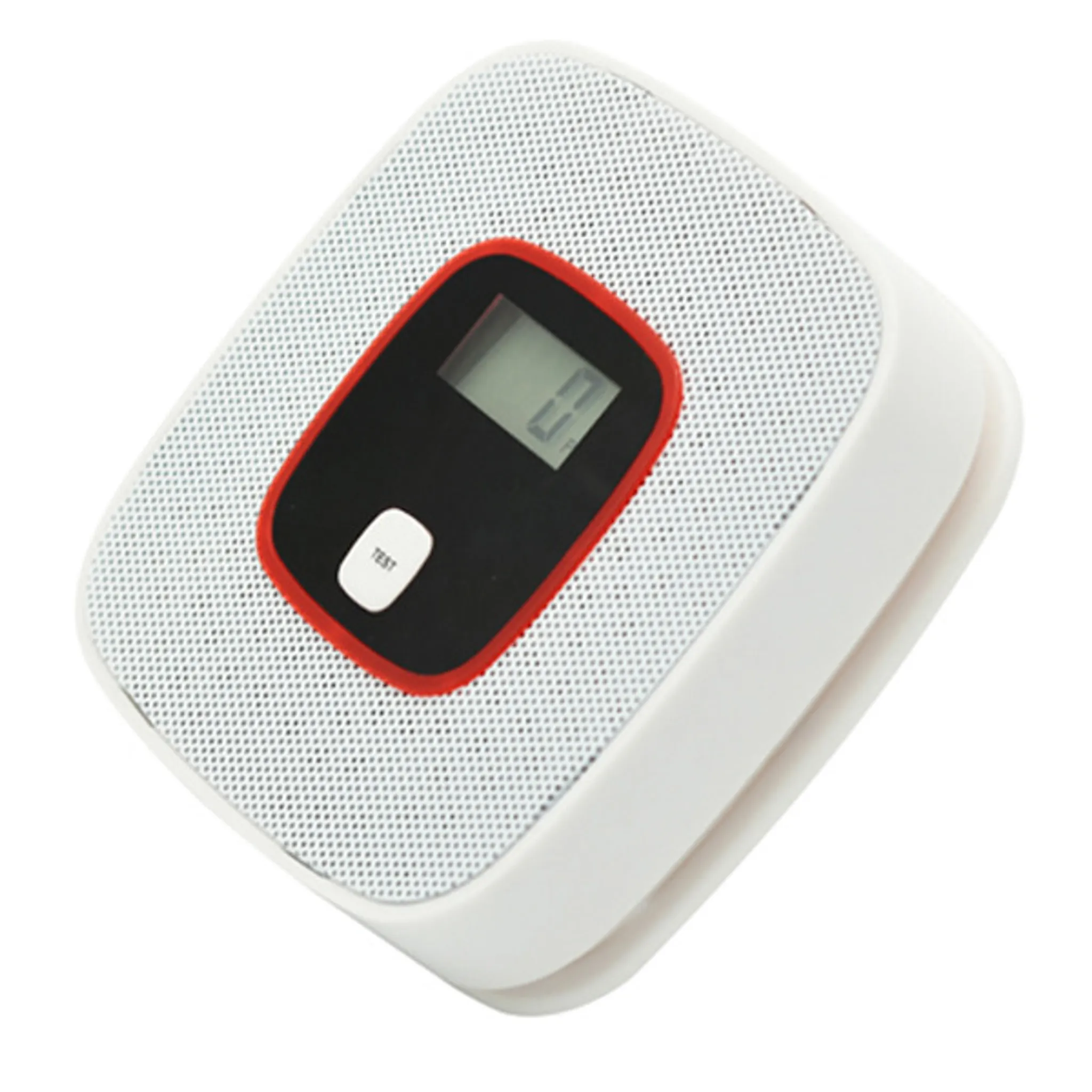 Weißer quadratischer Rauchmelder mit rotem Rand, Digitalanzeige und Testknopf.