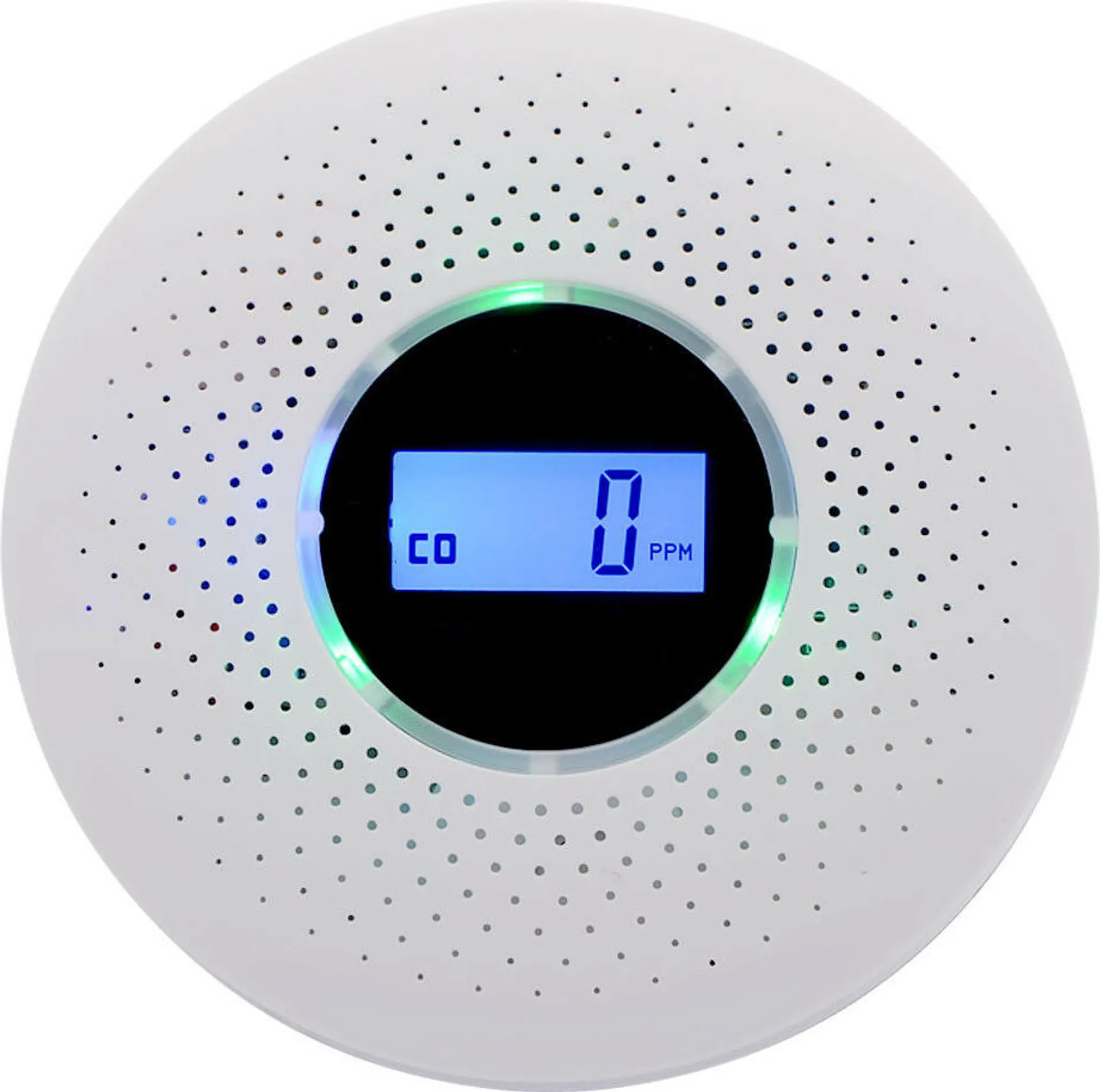 Weißer, runder Rauchmelder mit Digitalanzeige, die '0 ppm' anzeigt, und grün/blaue Lichter.