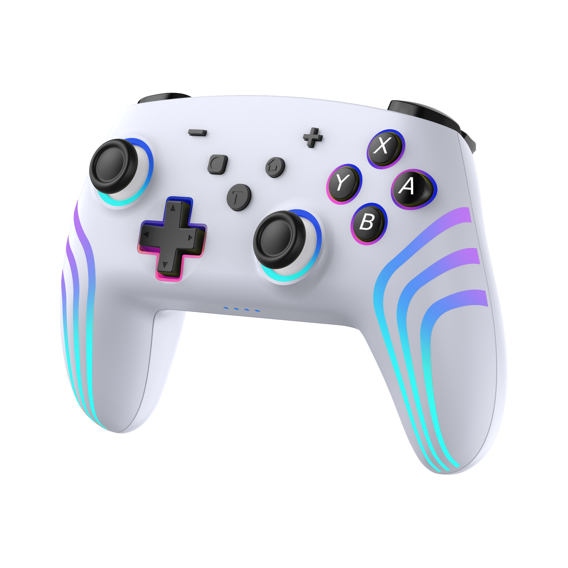 Weißer Gamecontroller mit schwarzen Knöpfen, bunten Lichtern und einem Steuerkreuz.
