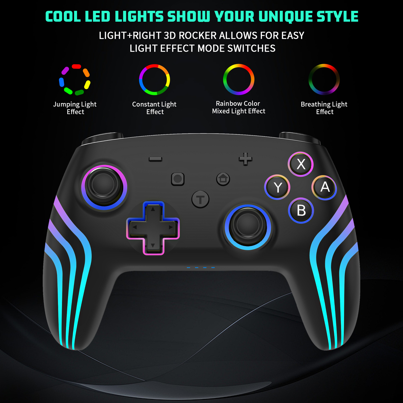 Schwarzer Gamecontroller mit bunten LED-Leuchten, Knöpfen, D-Pad und Modus-Schalter-Optionen.