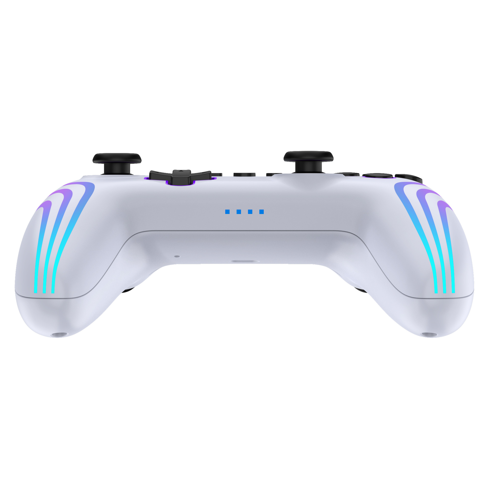 Ein weißer Gaming-Controller mit leuchtenden blauen und lila Akzenten wird vor einem weißen Hintergrund gezeigt.