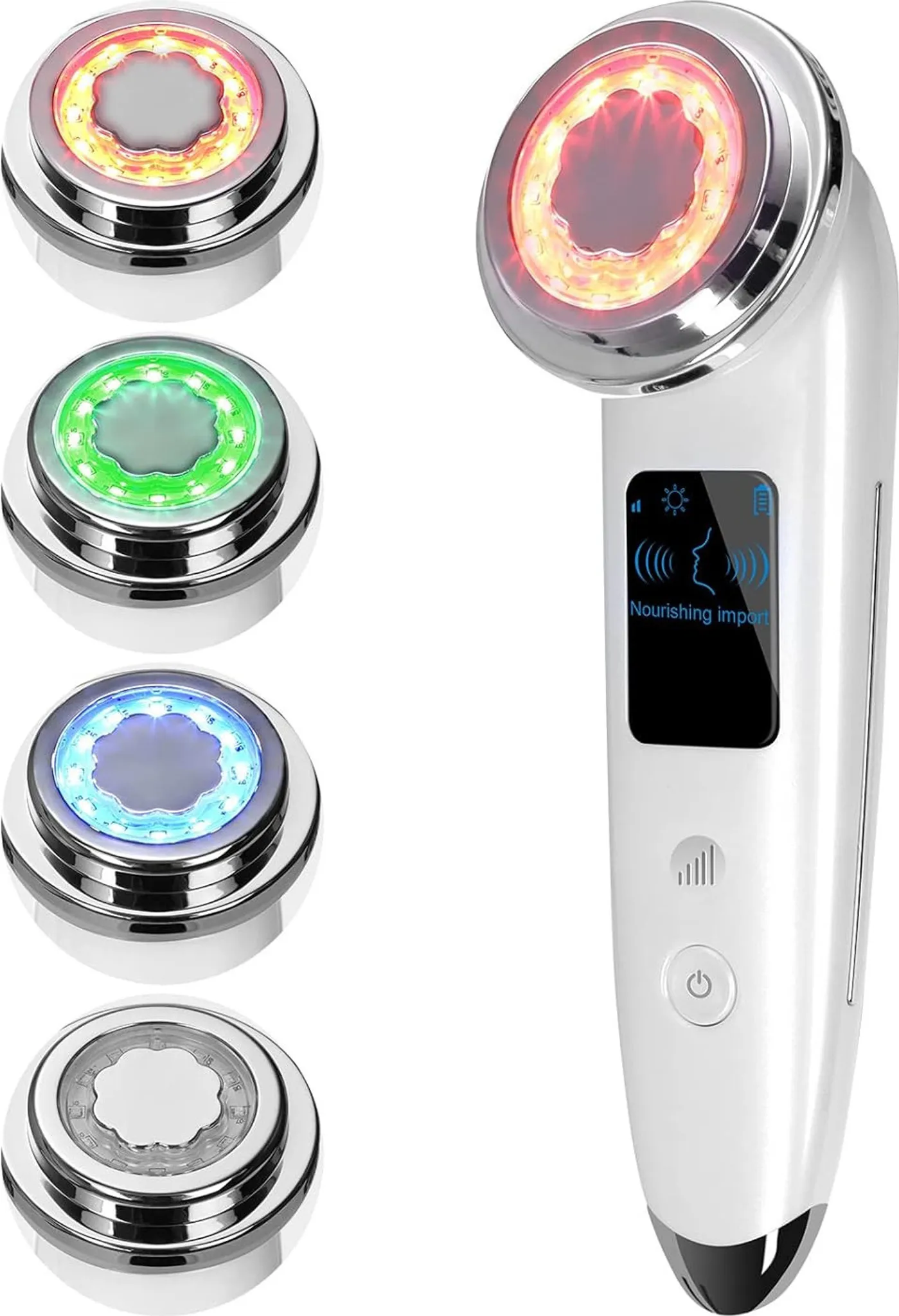 Ein weißes Handgerät zur Gesichtspflege mit verschiedenfarbigen Lichtern und einem LCD-Bildschirm.