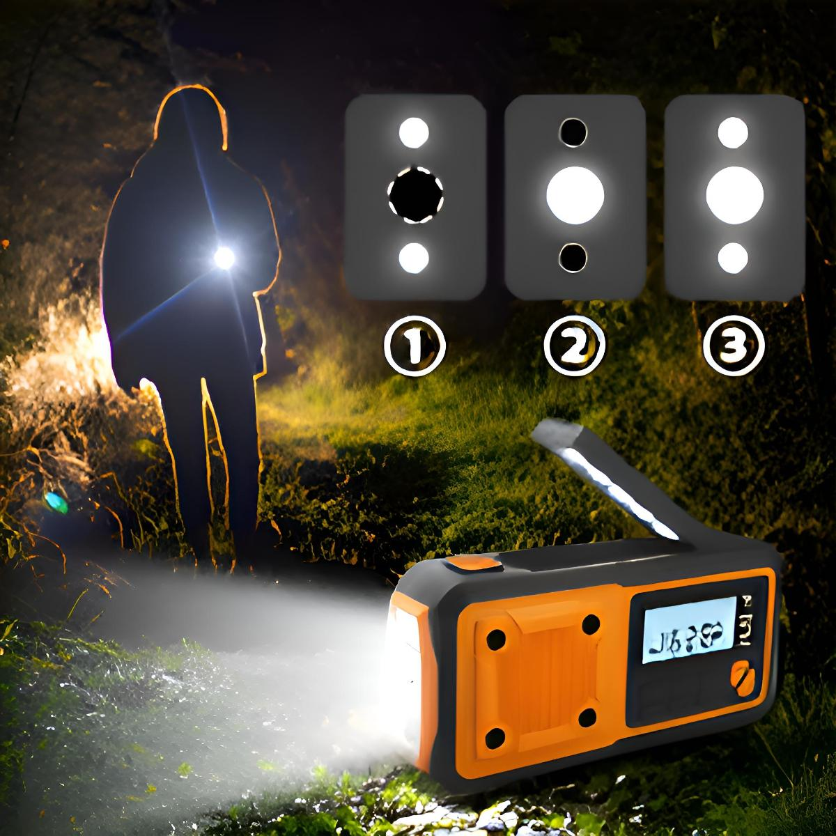 Notfallradio mit Taschenlampe, eine Silhouette einer Person im Dunkeln und ein Telefon.