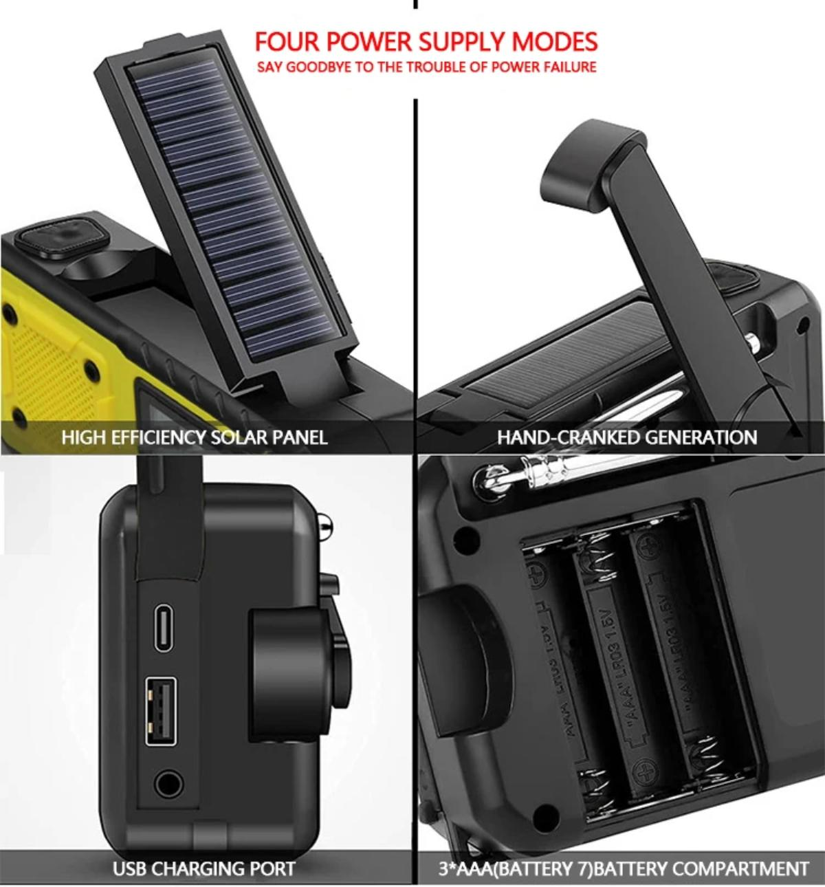 Vier Bilder, die Funktionen eines Notfallradios zeigen: Solarpanel, Handkurbel, USB-Anschluss und Batteriefach.