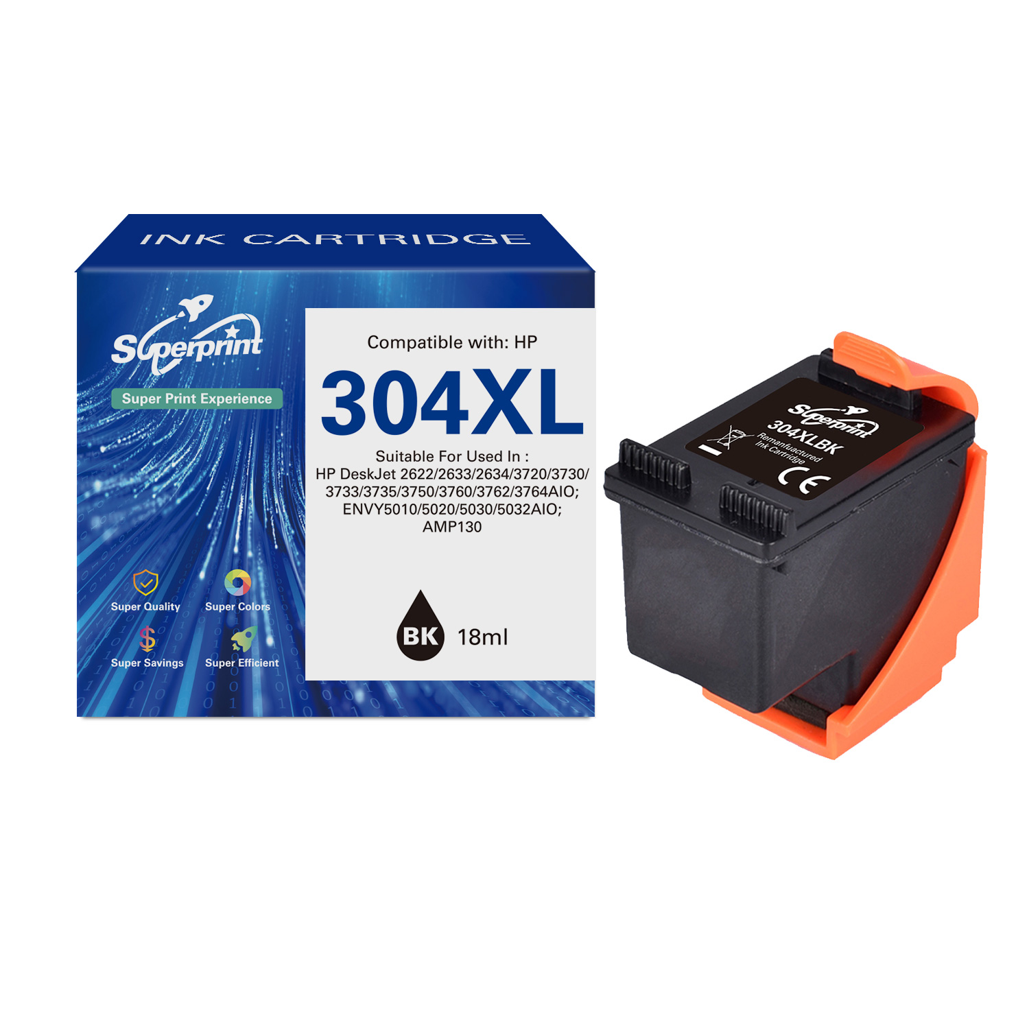 Cartuccia d'inchiostro nera con supporto arancione e scatola blu con scritto 304XL.