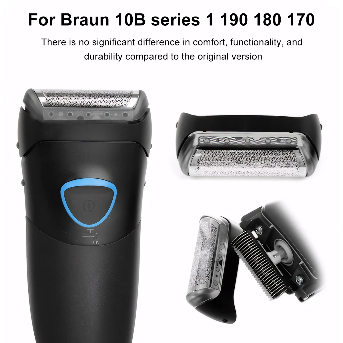 Verschiedene schwarze Rasiererteile und ein Rasierer mit blauem Knopf. Text: Für Braun 10B.
