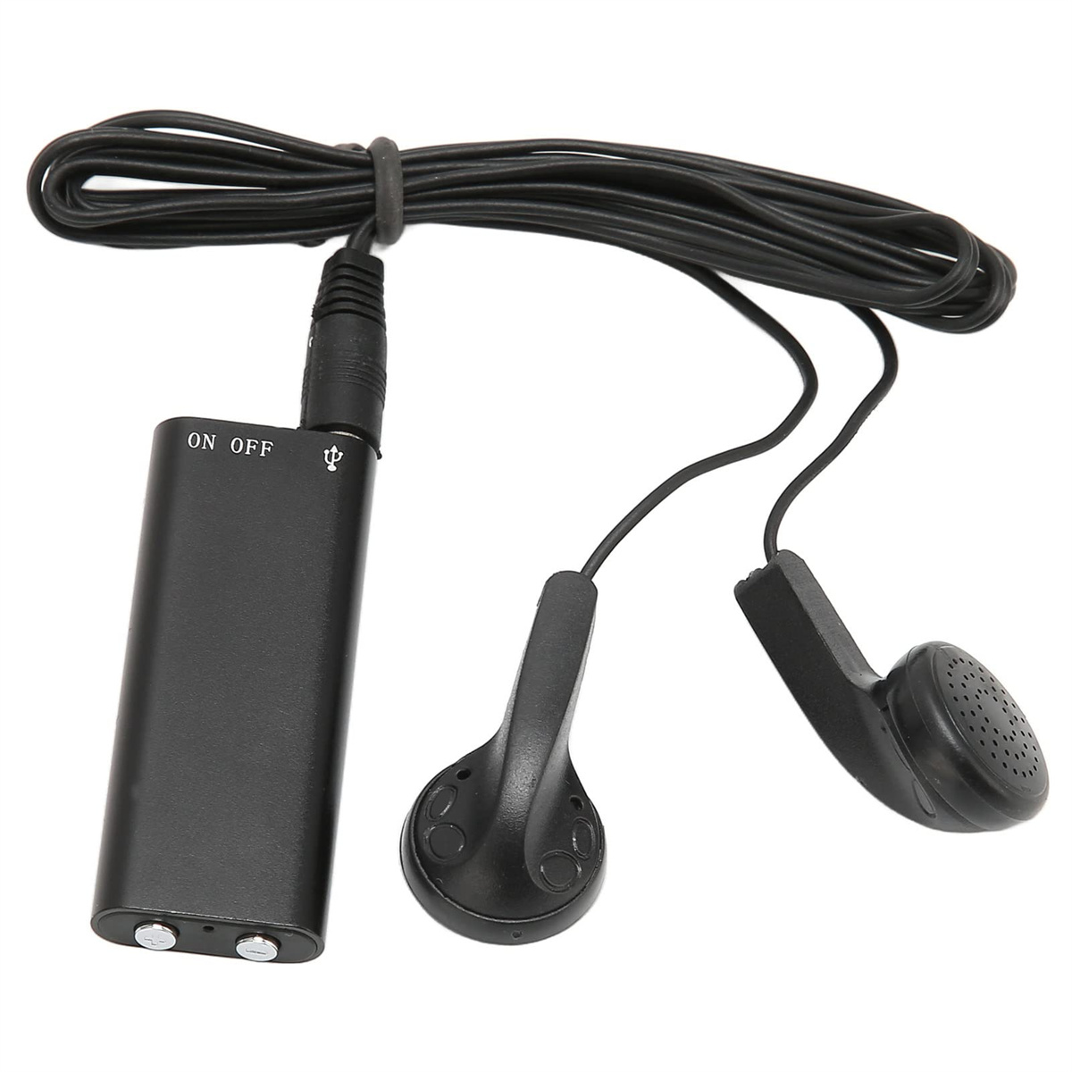 Schwarzer Rekorder mit Ein/Aus-Schalter und zwei schwarzen Ohrhörern. Das Kabel ist schwarz.