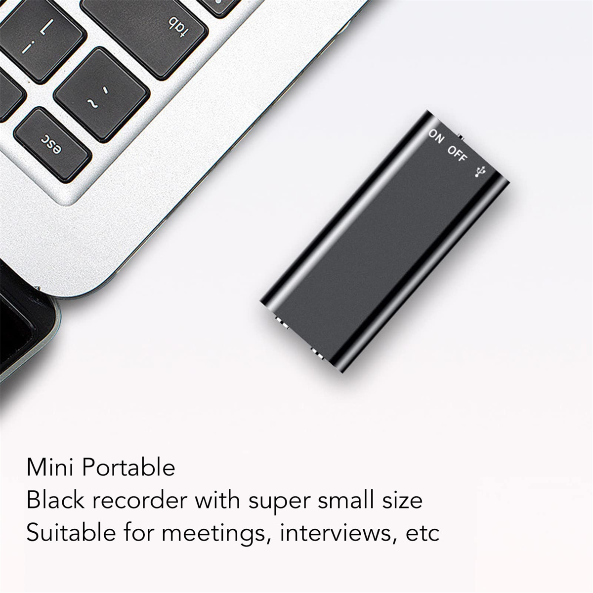 Schwarzer, tragbarer Mini-Rekorder. Hat Ein-/Ausschalter und USB-Anschluss. Geeignet für Meetings.