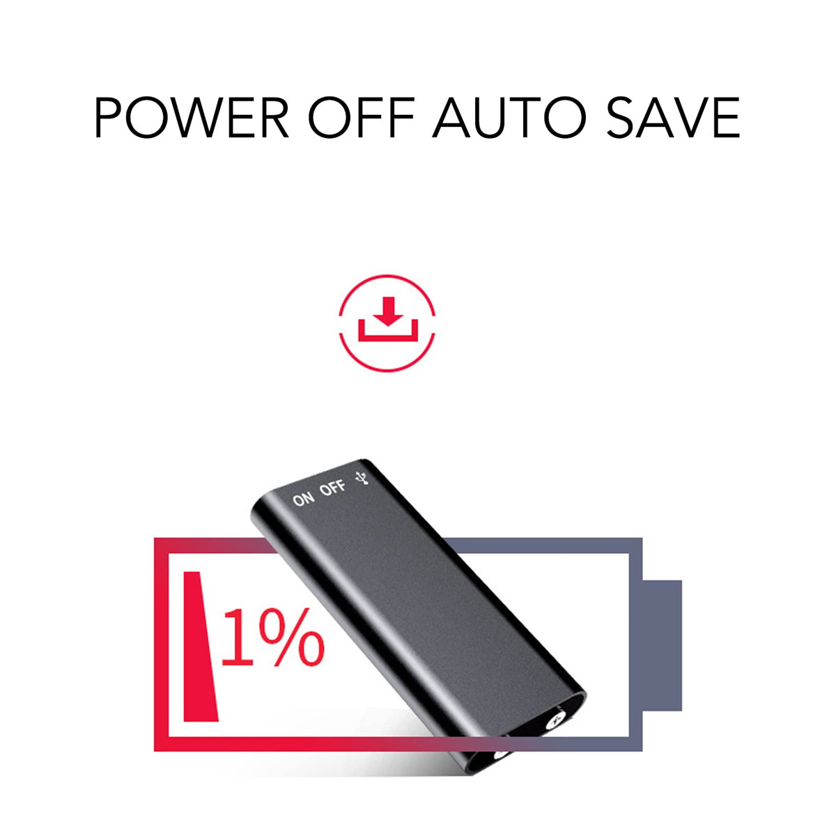 Kleiner schwarzer Rekorder mit rotem Akkusymbol, das 1% anzeigt. Text: Power off auto save.