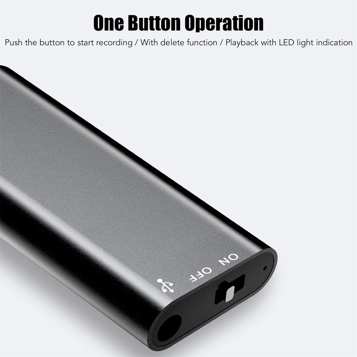 Ein kleines, graues Gerät mit Ein-/Ausschalter und USB-Anschluss. Der Text lautet: One Button Operation.
