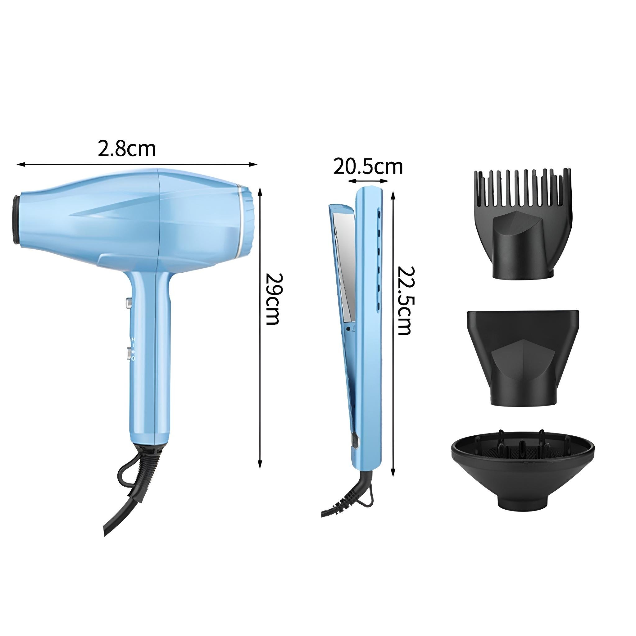 Blauer Haartrockner und Glätteisen mit Aufsätzen, Abmessungen und Funktionen gezeigt.