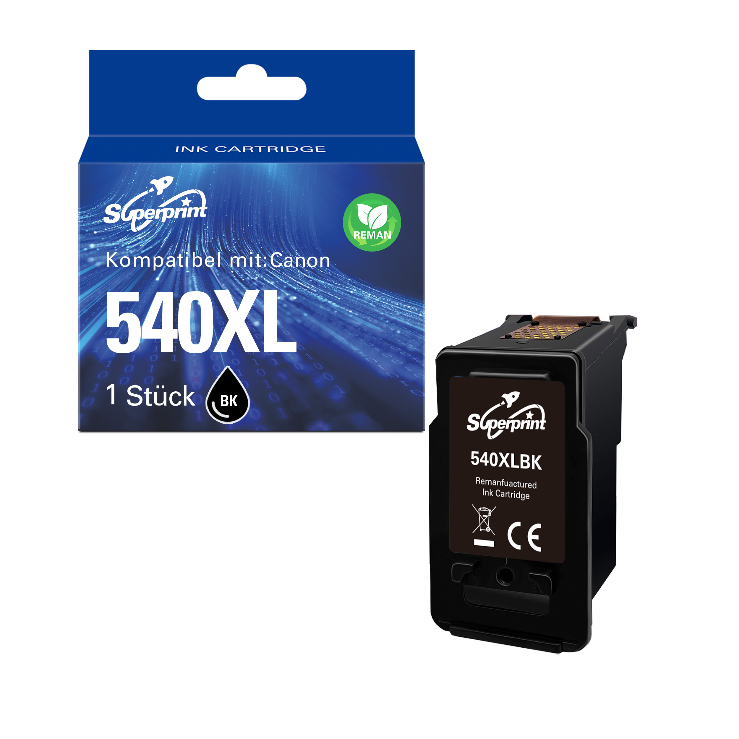 Zwart-witte inktcartridgeverpakking naast de cartridge zelf.