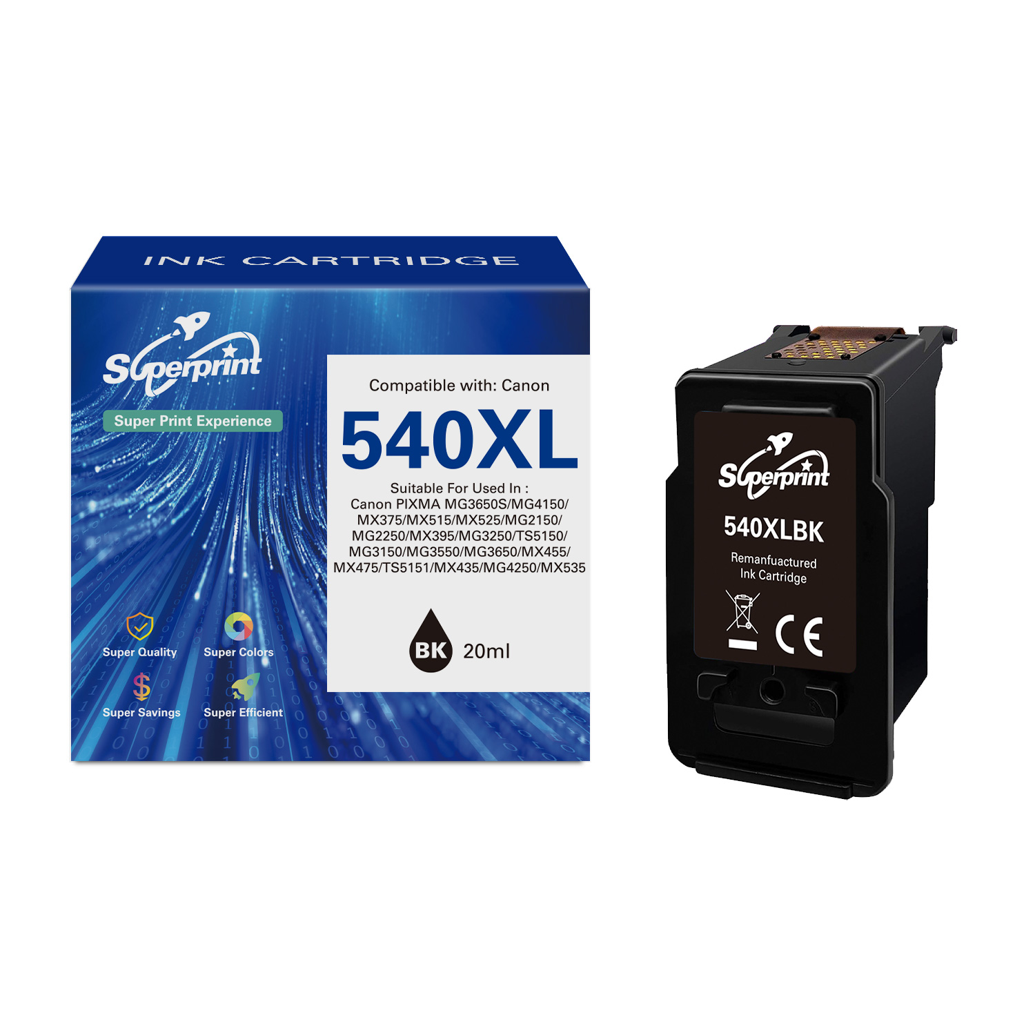 Inktcartridge doos en cartridge. Superprint merk. 540XL model en inktvolume.